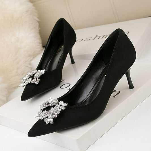 2021 Spring Elegant Women Black Nude High Heels Pumps Designer Flock Leather Stiletto Heels Female Party Wedding Shoes