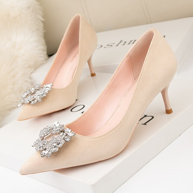 2021 Spring Elegant Women Black Nude High Heels Pumps Designer Flock Leather Stiletto Heels Female Party Wedding Shoes
