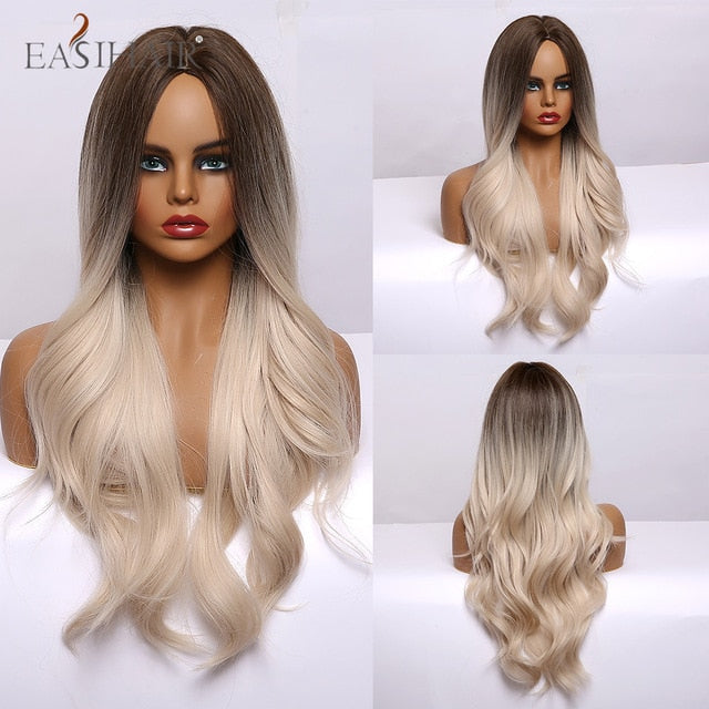EASIHAIR Long Body Wave Wigs Ombre Black Brown Blonde Synthetic Wig Cosplay Middle Part Natural Heat Resistant Wig for Women