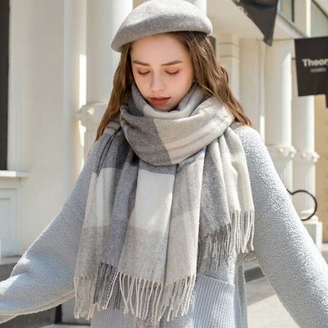 New Fine Plaid Wool Scarf Neck Warmer Women Thicken Cashmere Shawls Wraps Tassel Echarpe for Ladies Winter Scarves Foulard Femme