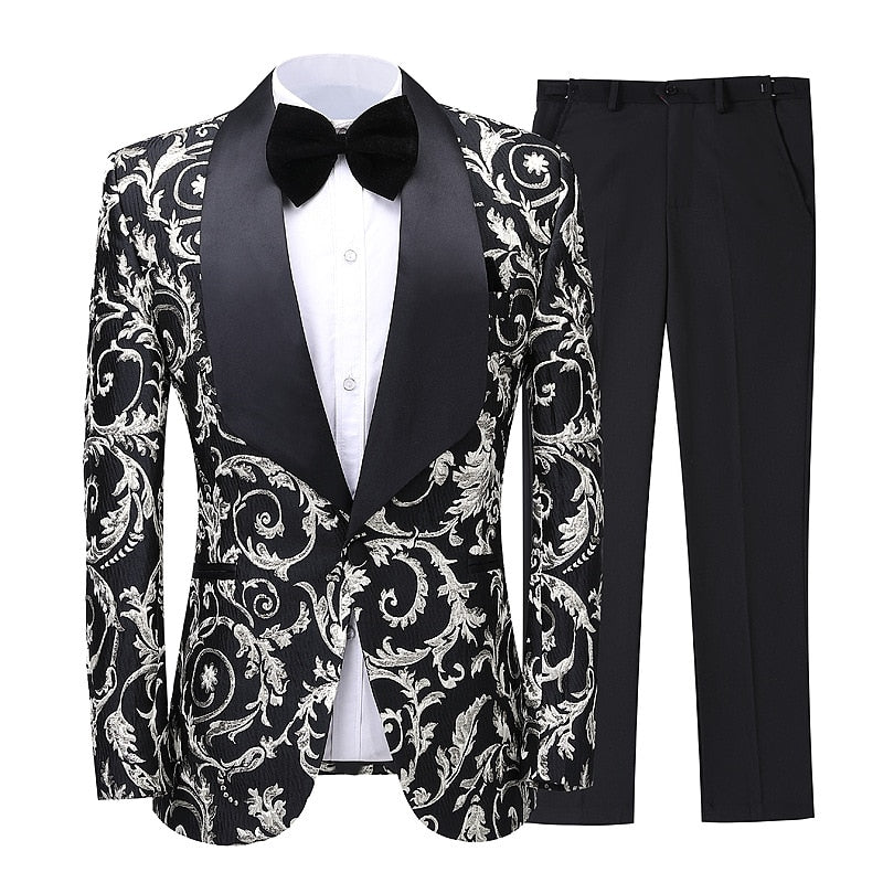 2020 Men's Print Slim Suit Set Fashion Design  2 Piece Groom Dress Tuxedo Custom Made Suit Party Embroidered Suit Wedding Suit