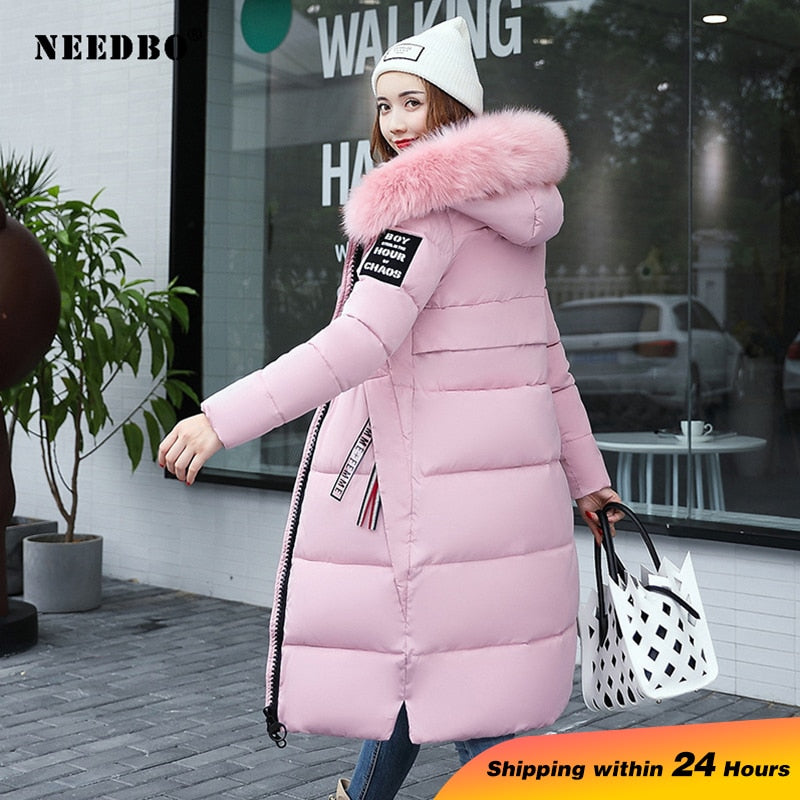 NEEDBO Winter Jacket Women Fur Collar Long Parka Warm Slim Winter Coat Woman Puffer Jacket Oversized Padded Outwear Coat Women