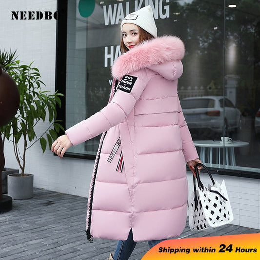 NEEDBO Winter Jacket Women Fur Collar Long Parka Warm Slim Winter Coat Woman Puffer Jacket Oversized Padded Outwear Coat Women