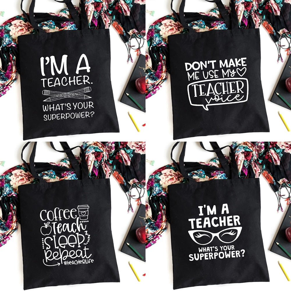 I'm A Teacher What's Your Superpower Teacher Life Canvas Black Shopping Tote Bag Reusable Shoulder Cloth Book Bag Gift Handbag