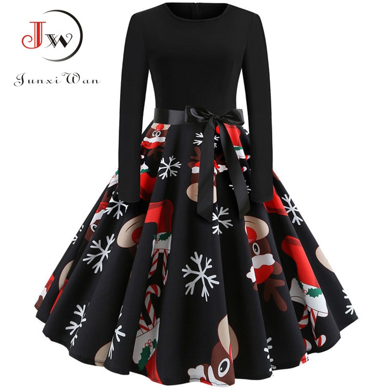 Winter Christmas Dresses Women 50S 60S Vintage Robe Swing Pinup Elegant Party Dress Long Sleeve Casual Plus Size Print Black - Shop 24/777