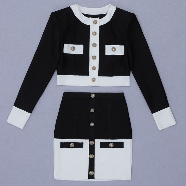 High Street Autumn Patchwork Black White O Neck Long Sleeves With Pockets Buttons Two Pieces Dress Women Sets - Shop 24/777