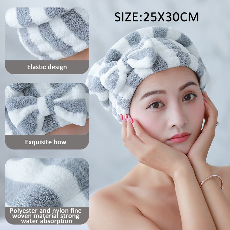 Bowknot Dry Hair Towel Quick-drying Hair Cap Shower Cap for Women Striped Pattern Super Absorbent Bath Accessories