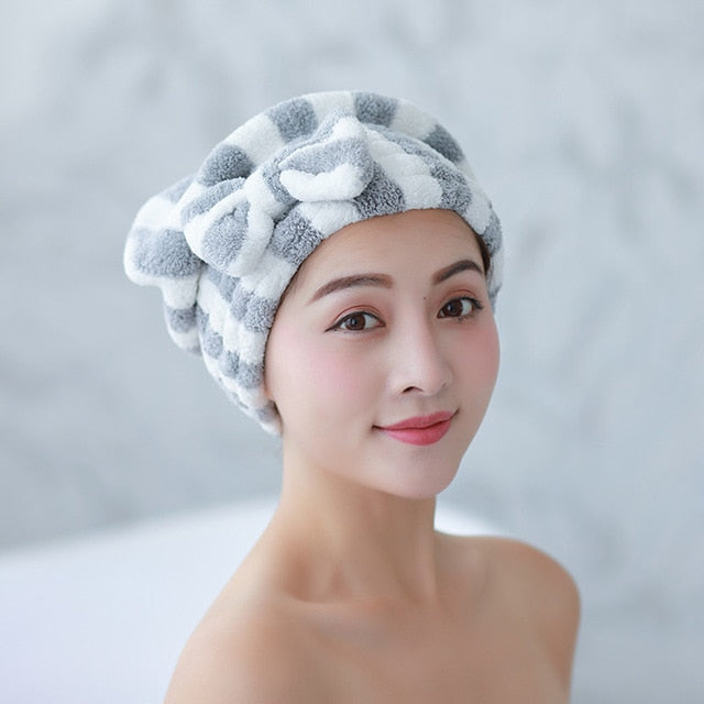 Bowknot Dry Hair Towel Quick-drying Hair Cap Shower Cap for Women Striped Pattern Super Absorbent Bath Accessories