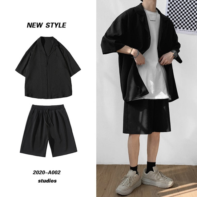 Korean Style Men's Set Suit Jacket and Shorts Solid Thin Short Sleeve Single Pocket Knee-Length Summer Oversized Clothing Man