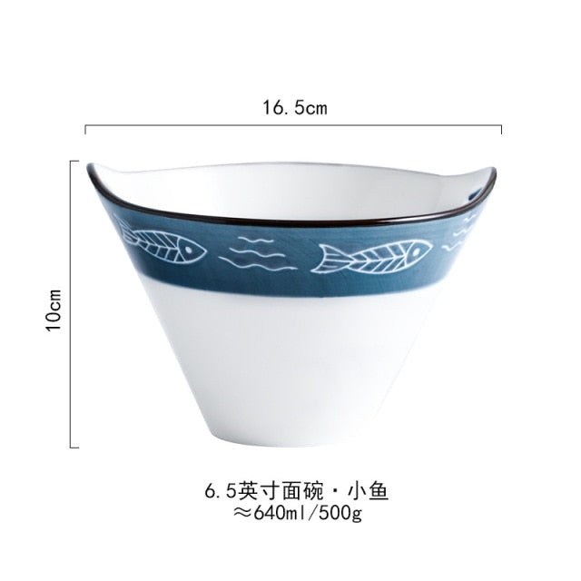 Ceramic Handpainted Japanese Style Noodle Bowl, Double Ear Chopsticks, Rice Salad Soup Bowl, Household Japanese Style Ramen Bowl
