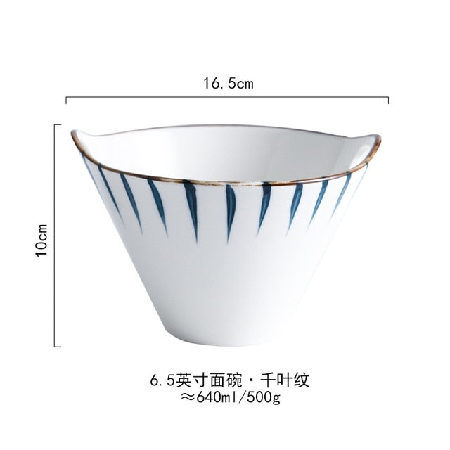 Ceramic Handpainted Japanese Style Noodle Bowl, Double Ear Chopsticks, Rice Salad Soup Bowl, Household Japanese Style Ramen Bowl