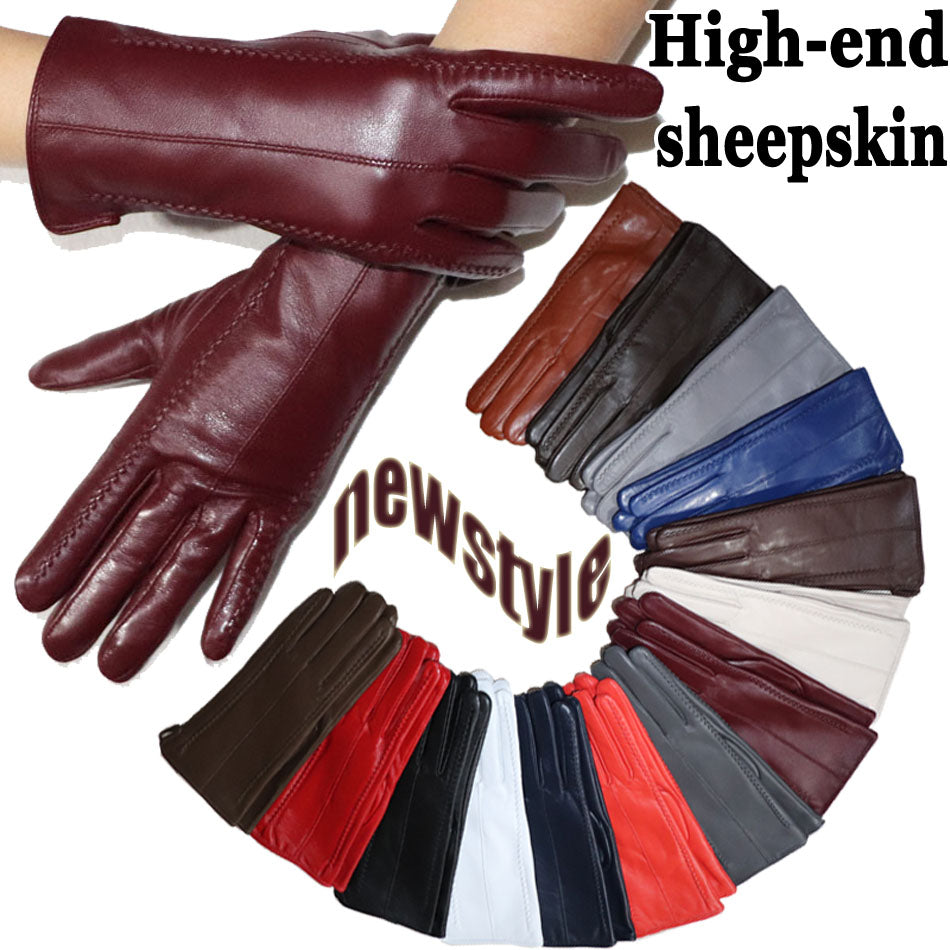 Women's sheepskin gloves winter warmth plus velvet short thin touch screen driving female color leather gloves new high-end 2021