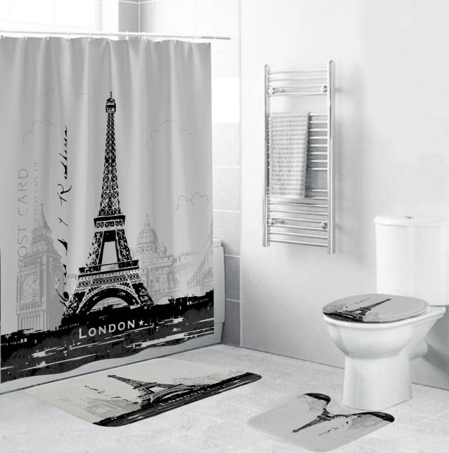 180*180cm Paris Landscape Eiffel Tower Shower Curtain 3D Waterproof Bathroom Curtains Set Non-Slip Rugs Toilet Lid Cover Mat