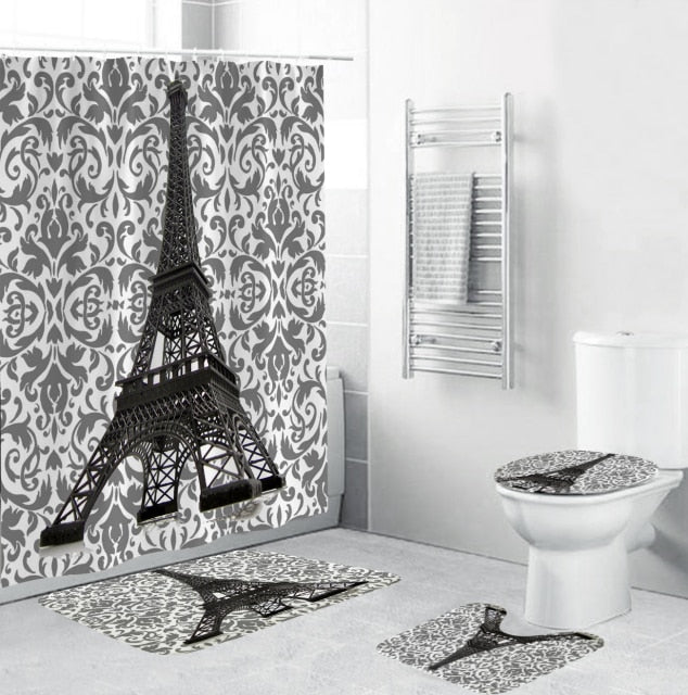 180*180cm Paris Landscape Eiffel Tower Shower Curtain 3D Waterproof Bathroom Curtains Set Non-Slip Rugs Toilet Lid Cover Mat