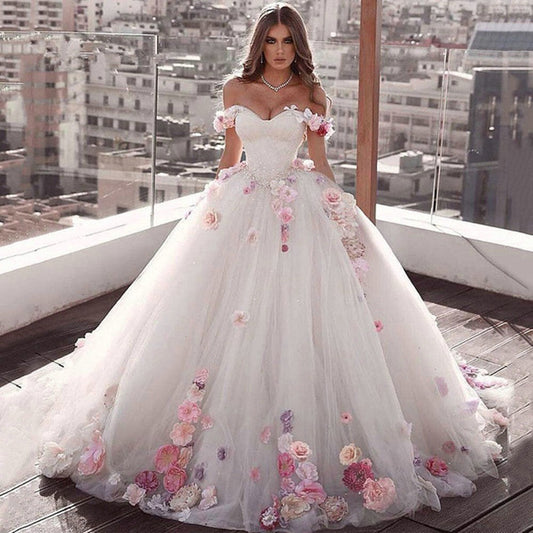 Ball Gown Wedding Dresses 2021 Sweetheart Off Shoulder Pink Flower Bridal Dress Sweep Train Plus Size robe de soirée de mariage