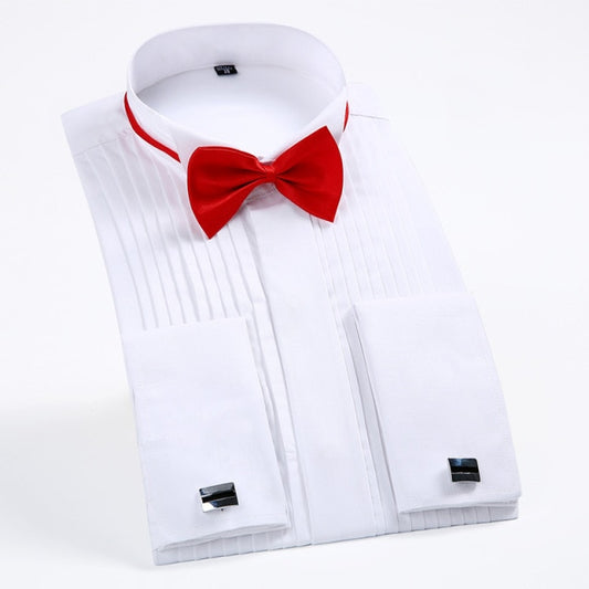 Wing Tip Collar Tuxedo Shirt Long Sleeve Men's French Cuff Button Wedding Shirts White Black Clothing Pleat Front with Bow Tie