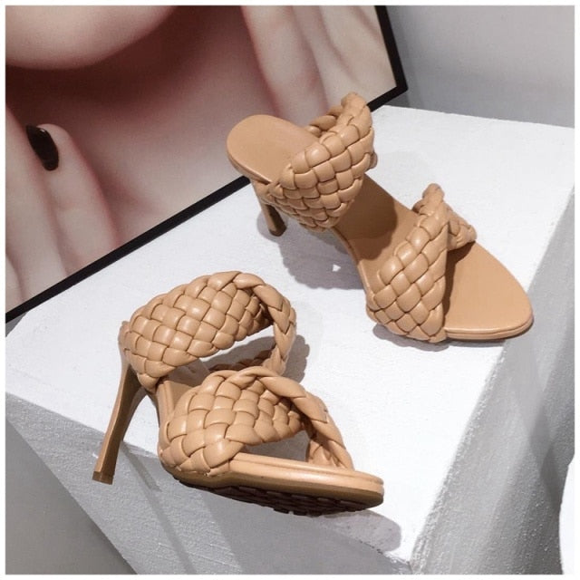 SUOJIALUN Brand Design Ladies Slipper Women Handmade Weave Open Toe Slip On Slides Thin Heels Party Dress Sandal Big Size 35-42