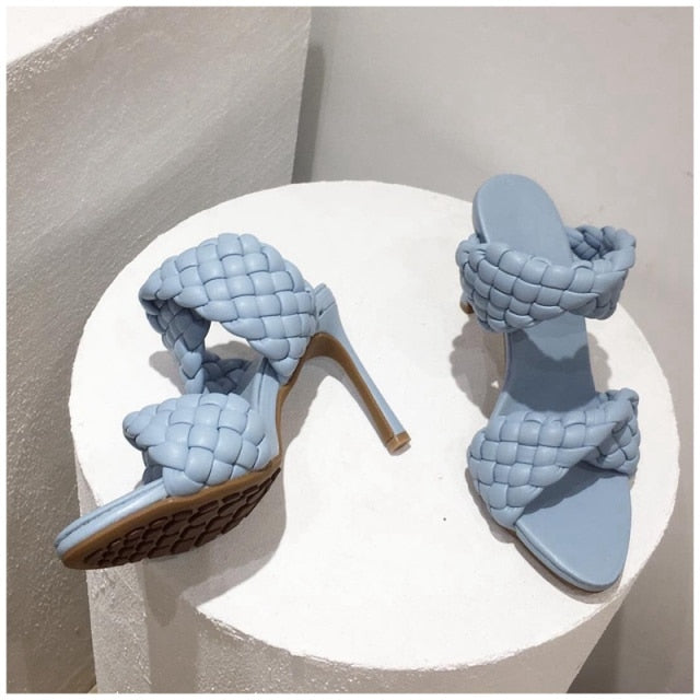 SUOJIALUN Brand Design Ladies Slipper Women Handmade Weave Open Toe Slip On Slides Thin Heels Party Dress Sandal Big Size 35-42