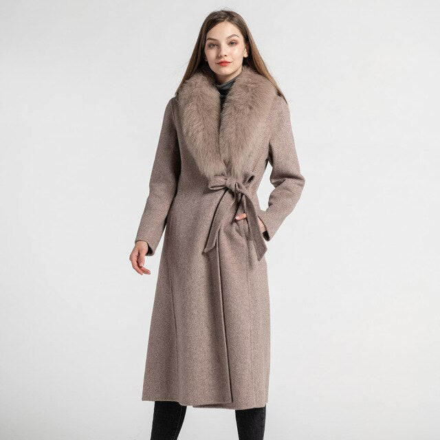New Arrival Genuine Cashmere Long Coats Real Wool Jackets Women's Fox Fur Collar Outerwear S7583