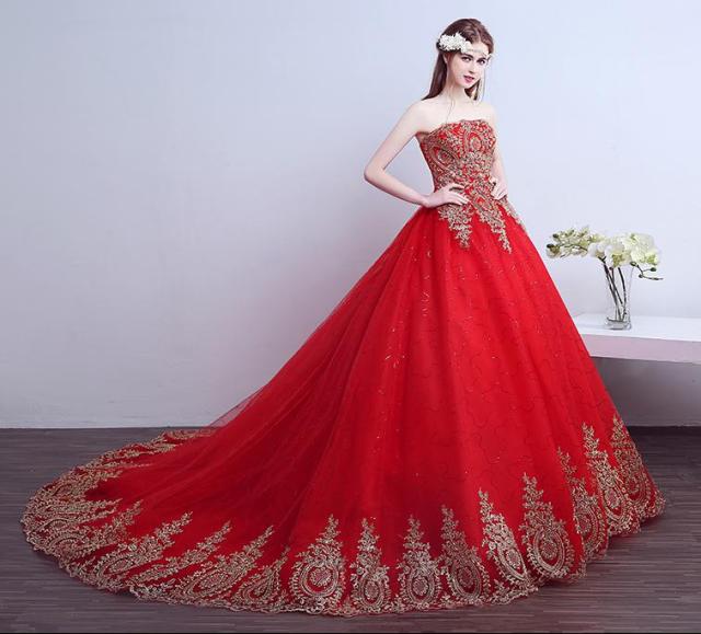 2021 New Ball Gown Lace Tulle Red Wedding Dress with tail Chinese Pattern Style Cheap China Embroidery Bridal Gown