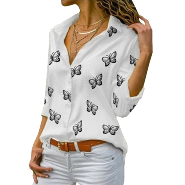 Fashion Women's Butterfly Print Blouse Shirt 2021 Spring Summer Casual Long Sleeve V Neck Ladies Buttons Tops Loose Blouses