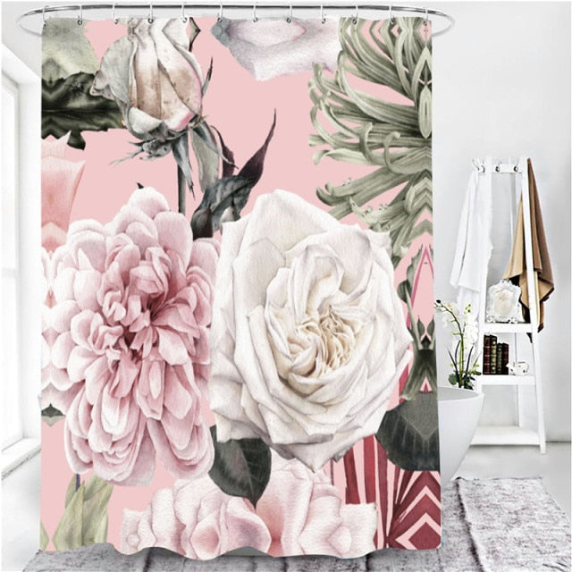 Pink Big Flowers Printed Shower Curtain Set with Rug Anti-slip Carpet Bathtub Toilet Screen Waterproof Bathroom Decor with Hooks