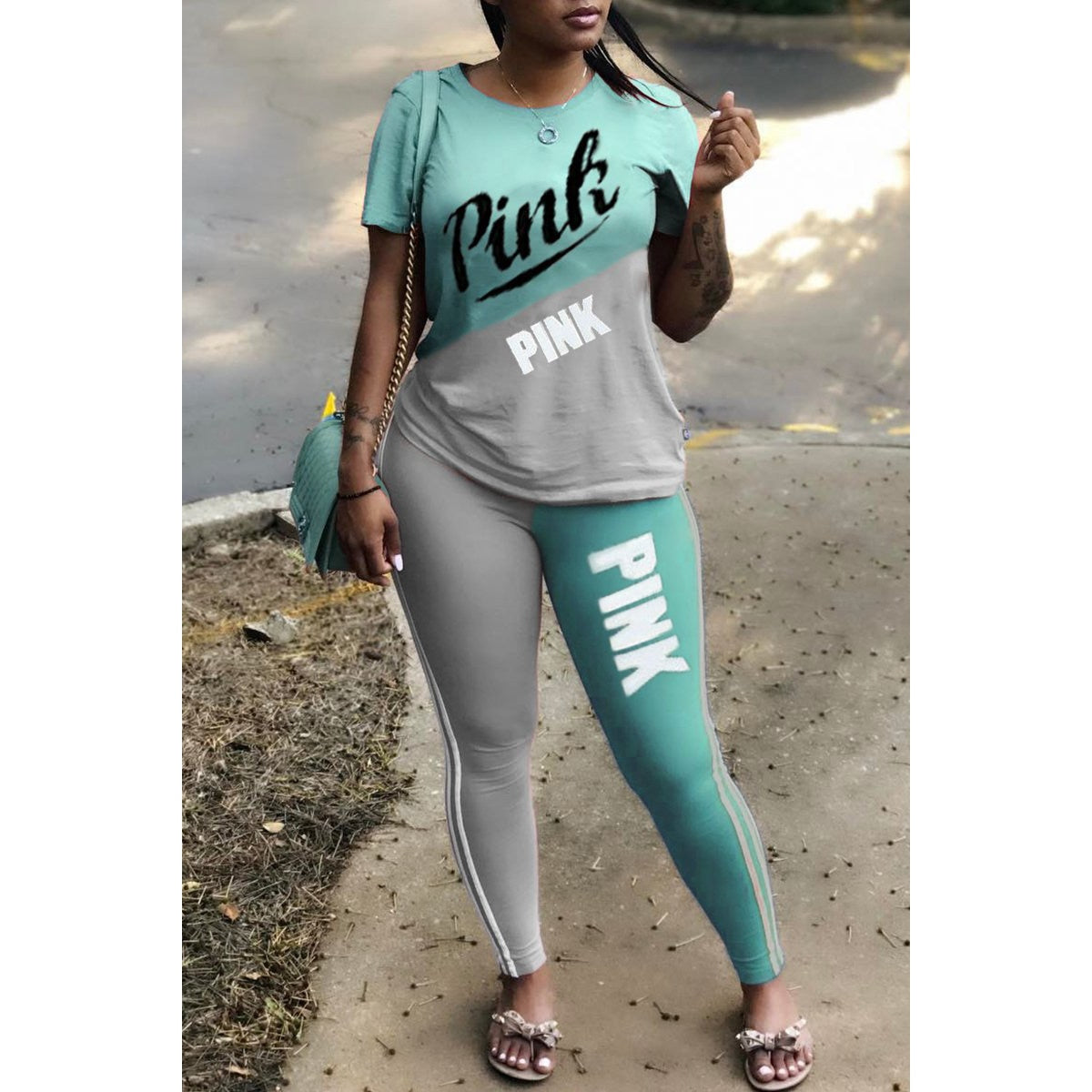 2020 New Tracksuit For Women Pink Letter Print Two Piece Set Casual 2 Pcs Outfits Short Sleeve Tshirts Pants Suits Matching Set - Shop 24/777