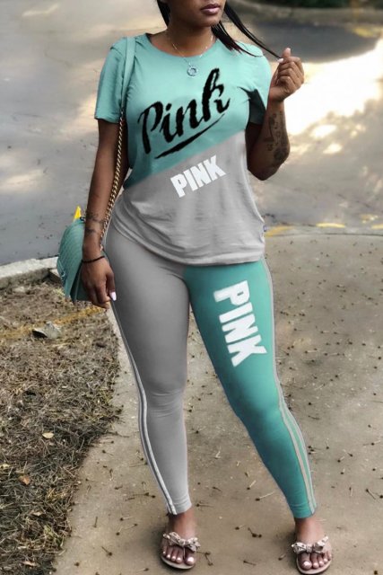 2020 New Tracksuit For Women Pink Letter Print Two Piece Set Casual 2 Pcs Outfits Short Sleeve Tshirts Pants Suits Matching Set - Shop 24/777