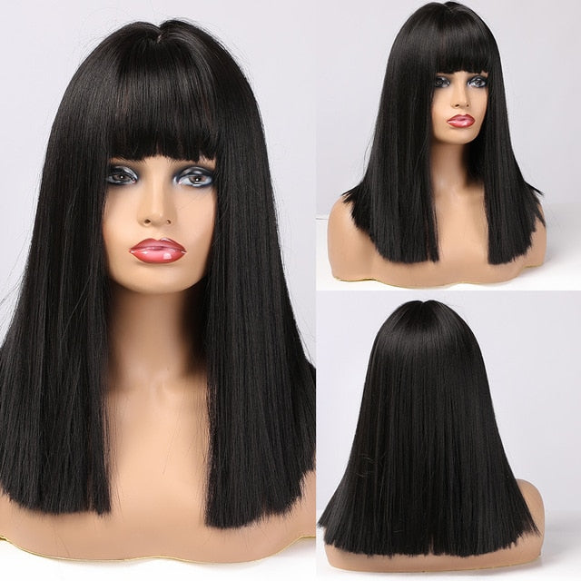 ALAN EATON Ombre Brown Golden Short Straight Hair Lolita Bobo Wigs with Bangs Synthetic Wigs For Women Cosplay Heat Resistant