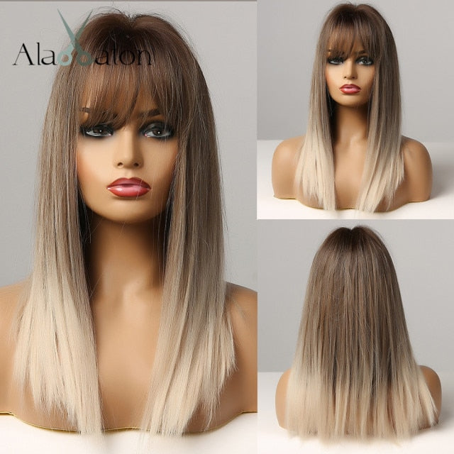 ALAN EATON Ombre Brown Golden Short Straight Hair Lolita Bobo Wigs with Bangs Synthetic Wigs For Women Cosplay Heat Resistant