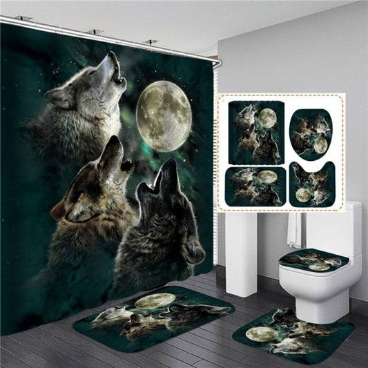 Wolf Animal Printed Shower Curtain Set with Bath Mat Anti-slip Bathroom Carpet Home Decoration Entrance Doormats Living Room