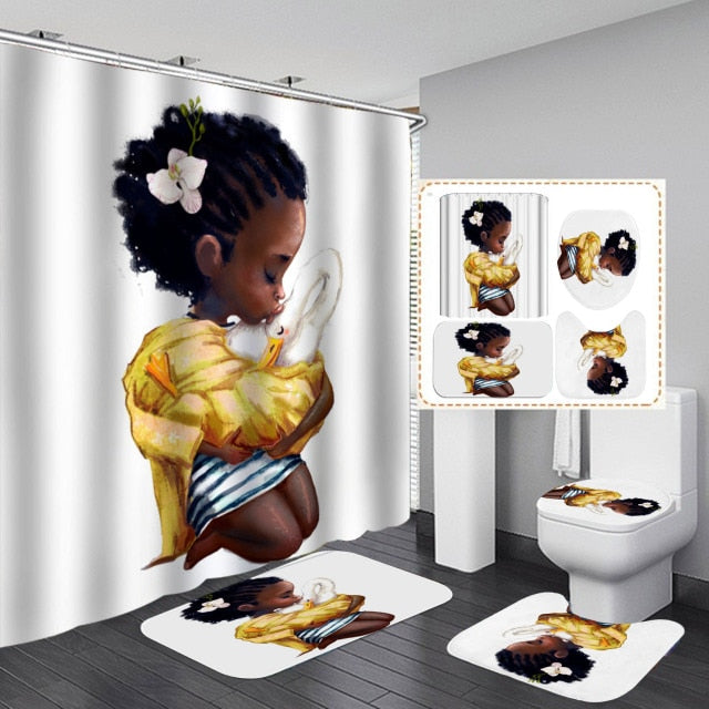 Cute African Girl Shower Curtain Set Waterproof Bathroom Curtains with Anti-slip Bath Mat Toilet Lid Cover Doormat Kitchen Rugs