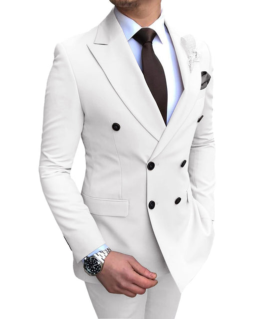 New White Men's Suit 2 Pieces Double-breasted Notch Lapel Flat Slim Fit Casual Tuxedos For Wedding(Blazer+Pants)