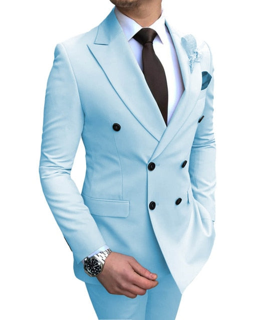 New White Men's Suit 2 Pieces Double-breasted Notch Lapel Flat Slim Fit Casual Tuxedos For Wedding(Blazer+Pants)