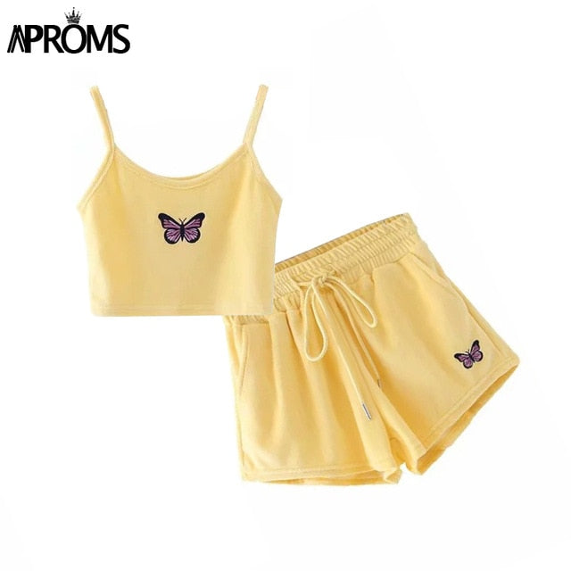 Aproms Yellow Velvet Crop Top and Shorts Women 2 Pieces Set Summer Embroidery Cami Drawstring Shorts Female Loungewear Suit 2021