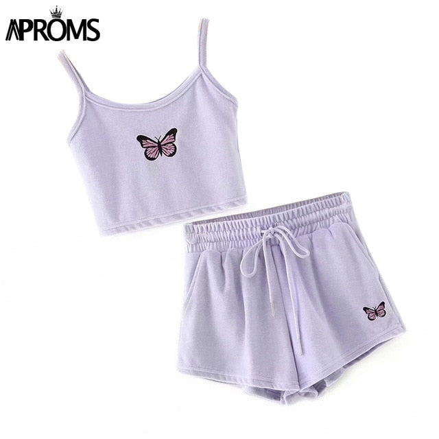 Aproms Yellow Velvet Crop Top and Shorts Women 2 Pieces Set Summer Embroidery Cami Drawstring Shorts Female Loungewear Suit 2021