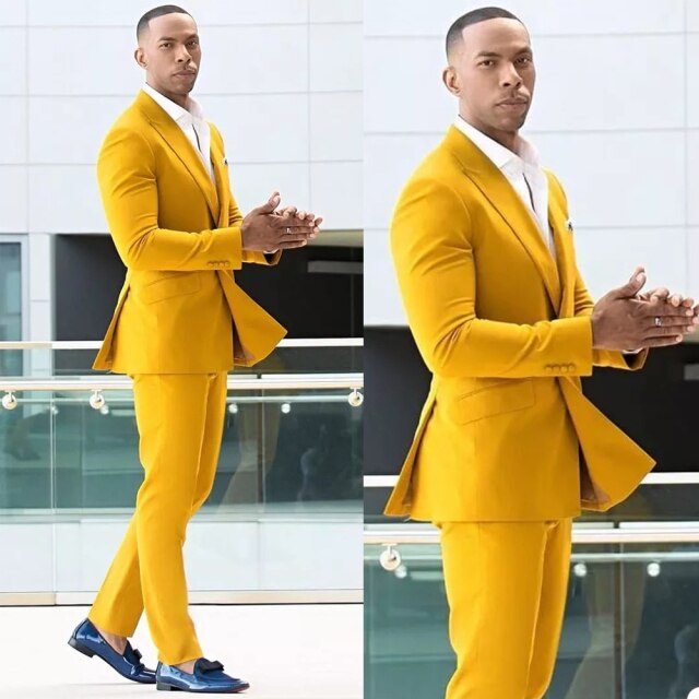 Yellow Soild Mens Suit Hot Selling One Button Groom Wedding Prom Party Dinner Tuxedos Custom Made 2 Pieces