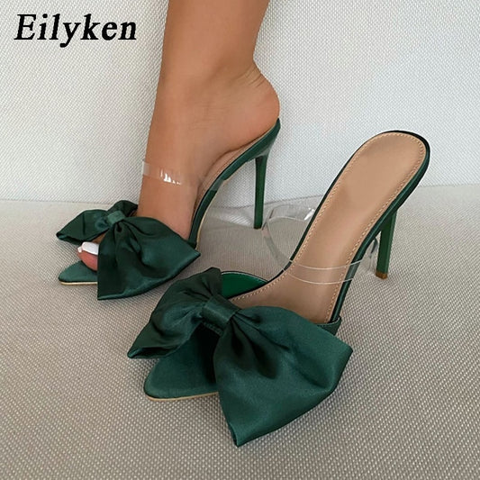 Eilyken Silk Butterfly-knot Women slippers Mule high heels Slippers Sandals flip flops Pointed toe Strappy Slides Party shoes