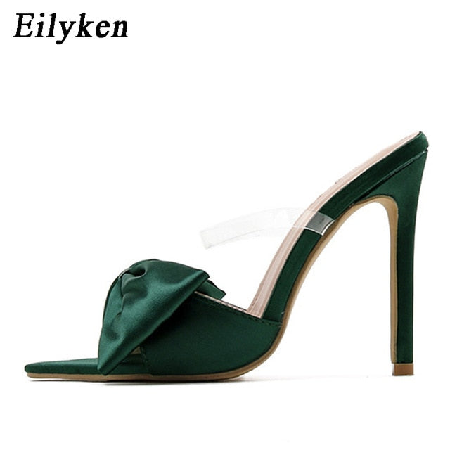 Eilyken Silk Butterfly-knot Women slippers Mule high heels Slippers Sandals flip flops Pointed toe Strappy Slides Party shoes