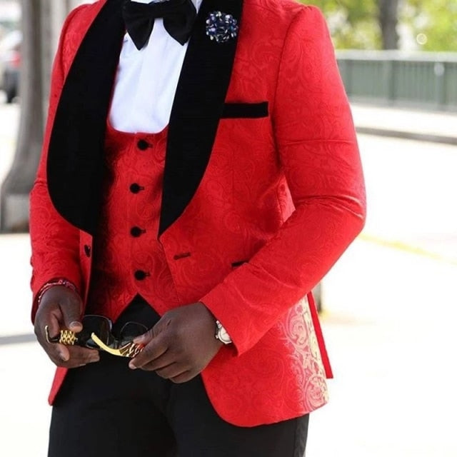 2021 Big Sale Costume Groomsmen Shawl Lapel Tuxedos Red White Black Men Suits Wedding Best Man Blazer (Jacket+Pants+Tie+Vest)