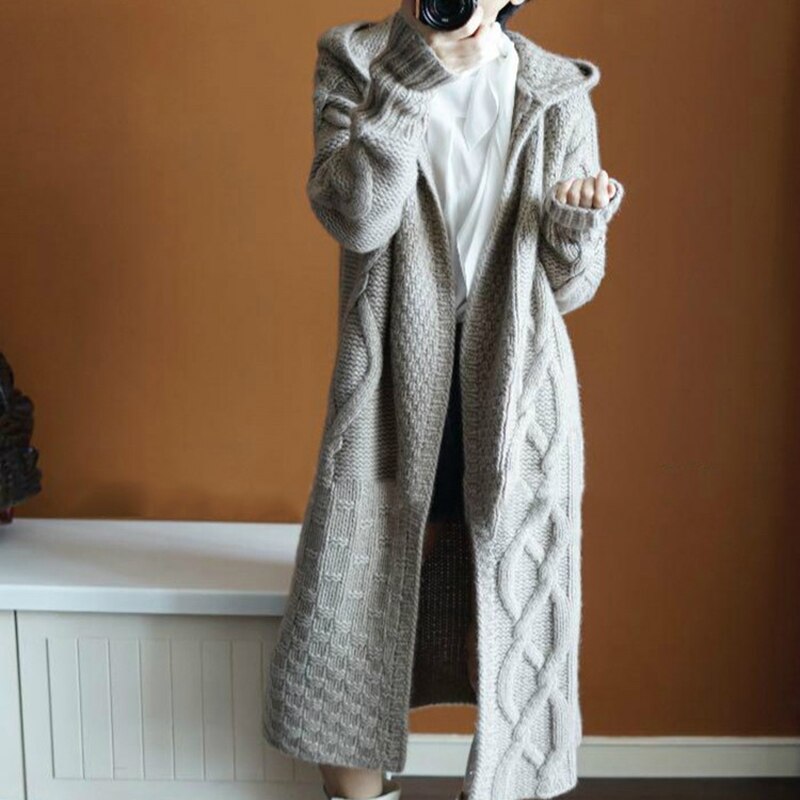 Hot Sale Autumn Winter New Hooded Cashmere Cardigan Sweater Women's Solid Color Thick Soft Fashion Long  Female Long Sleeve