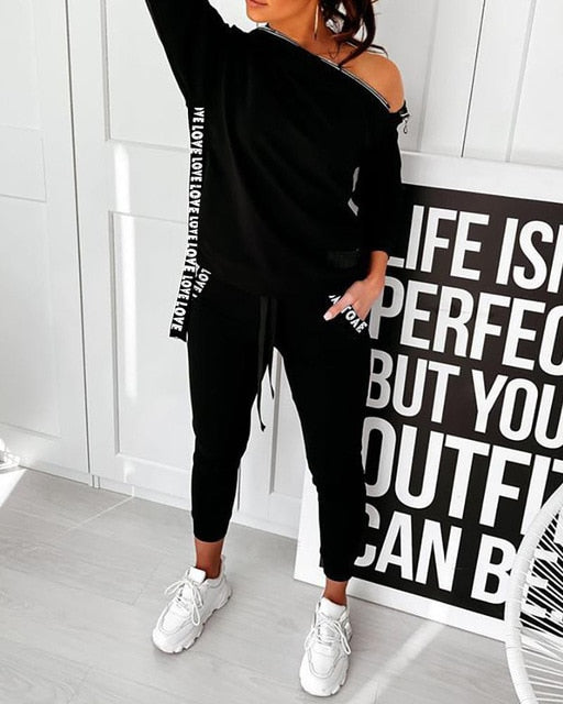 2 Piece Outfit for Women Zipper Pockets Decor Irregular Collar Long Sleeve Solid Top+Drawstring Waist Slim Casual Loose Trousers