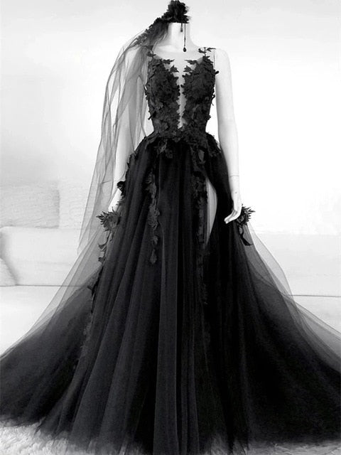 Gothic Black Wedding Dresses Sexy Backless High Side Split A-line Bridal Dress Lace Wedding Gowns Without Veil Vestido De Novia