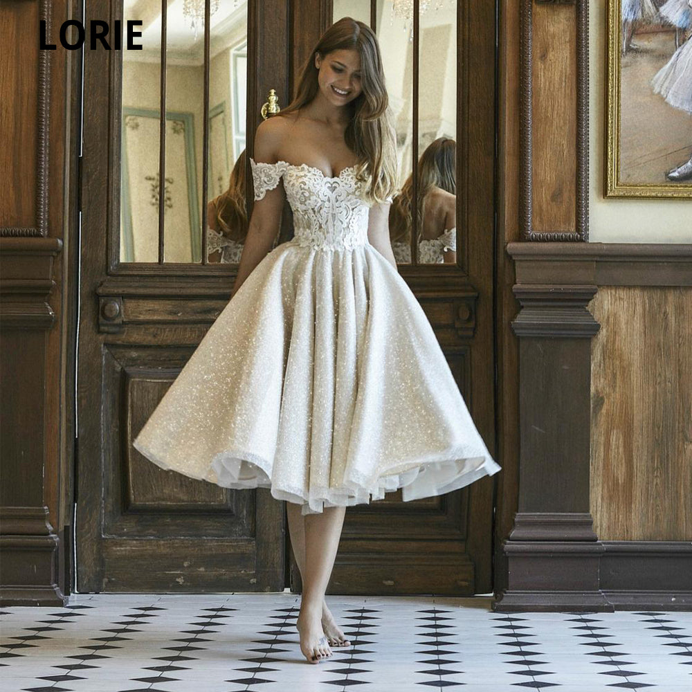 LORIE Short Wedding Dresses Elegant Lace Appliqued Shiny Bridel Gowns Princess Party Dress Off the Shoulder Beach Glitter Gowns