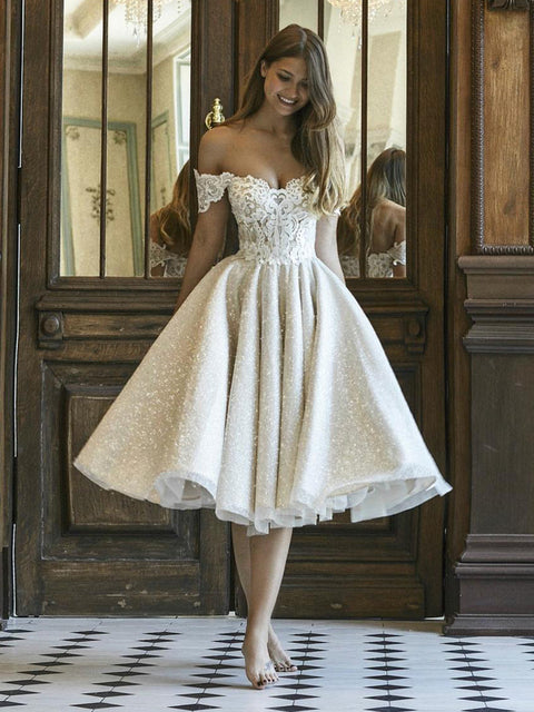LORIE Short Wedding Dresses Elegant Lace Appliqued Shiny Bridel Gowns Princess Party Dress Off the Shoulder Beach Glitter Gowns
