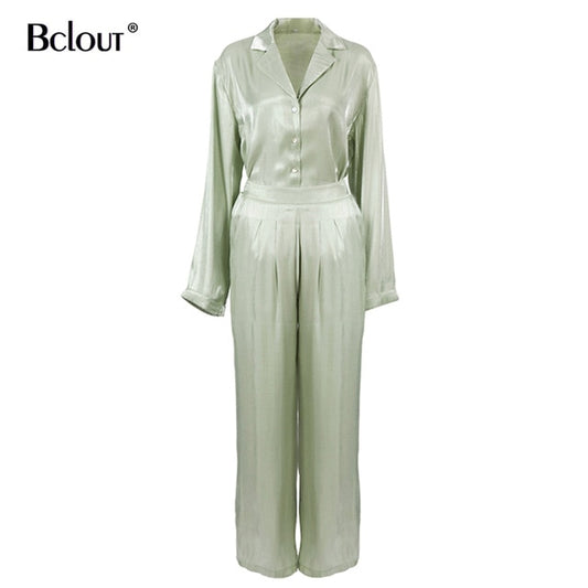 Bclout Green Vintage Two Piece Sets Women Autumn Sets Of Elegant Woman Long Sleeve Top And High Waist Pants 2 Piece Set Female