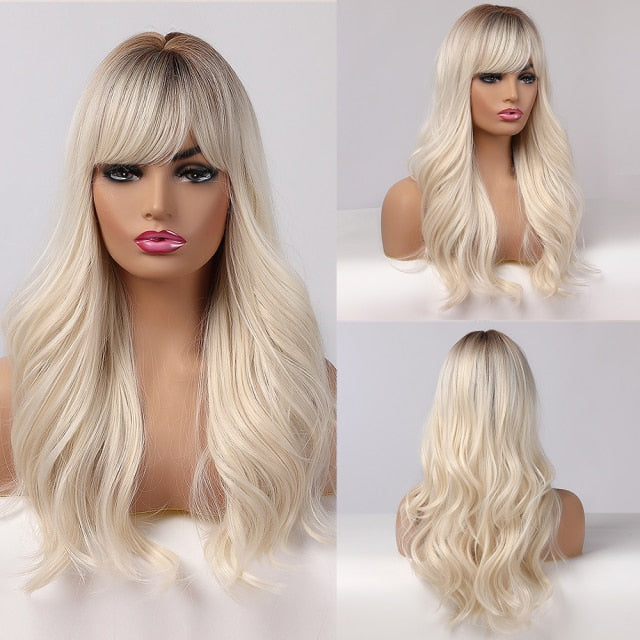 ALAN EATON Long Ombre Light Ash Brown Blonde Wavy Wig Cosplay Party Daily Synthetic Wig for Women High Density Temperature Fibre