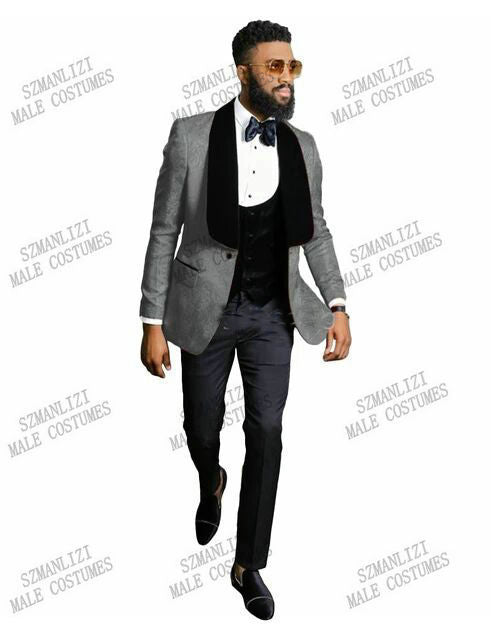 2021 Black Jacquard Jacket Men Suit Slim Fit Wedding Tuxedo Custom Made Wedding Groom Party Suits Costume Homme Best Man Blazer