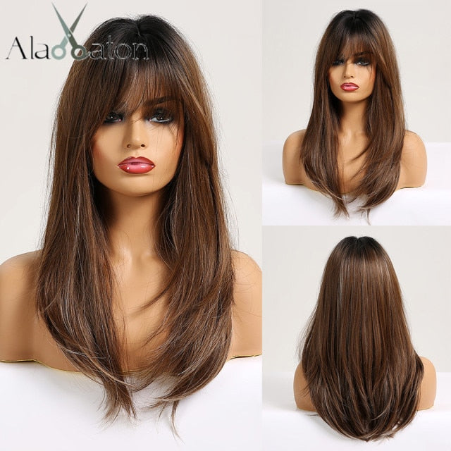 ALAN EATON Synthetic Wigs Long Straight Layered Hairstyle Ombre Black Brown Blonde Gray Ash Full Wigs with Bangs for Black Women