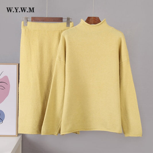 Hirsionsan Elegant Knitted Sweater Skirt Suits Women Soft Sexy Female Sets 2 Pieces Slim Fit Skirt and Loose Tops Ladies Ourfits